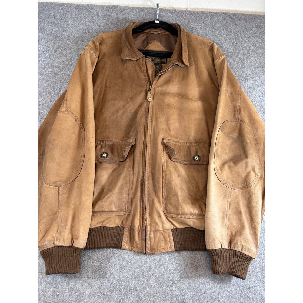 Vintage 90s Eddie Bauer Leather Bomber Jacket Mens L Brown Wool Blend Full Zip